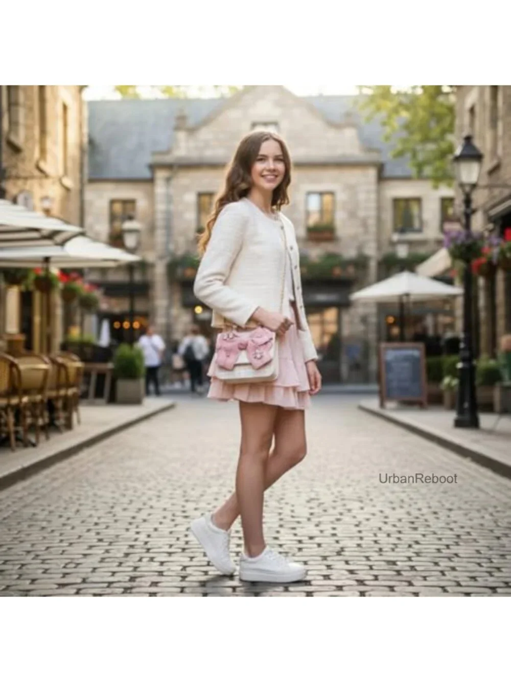 Tweed Mini Crossbody Bag Set Pearl Handle Bowknot Purse